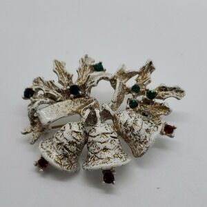 Vintage White Enamel w/‎ Rhinestones Dodds Christmas Bells Pin Brooch